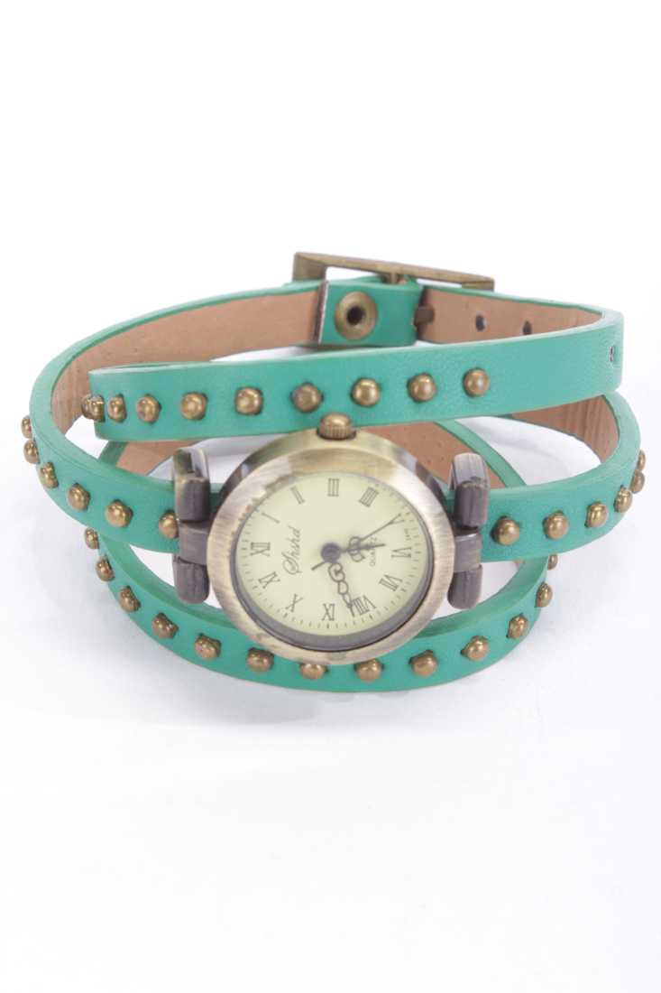 Green Faux Leather Studded Wrap Around Watch