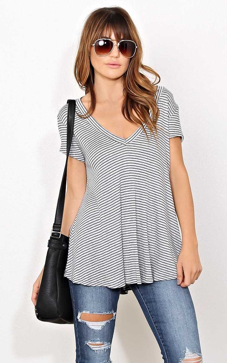 Striped Rib Knit Basic Top - MED - H Grey Combo in Size Medium by Styles For Less