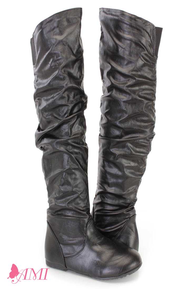 Black Slouchy Shaft Thigh High Boots Faux Leather