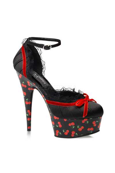 Black Satin Cherry Printed Platform High Heels