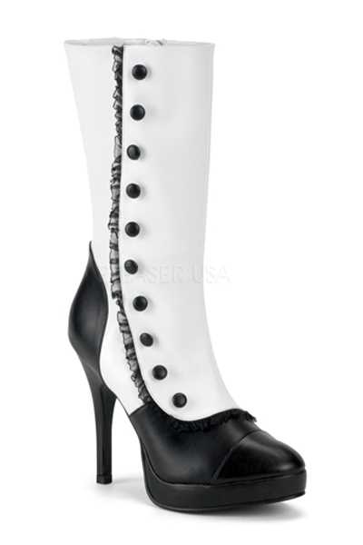 White Black Faux Leather Ruffle Button Boots
