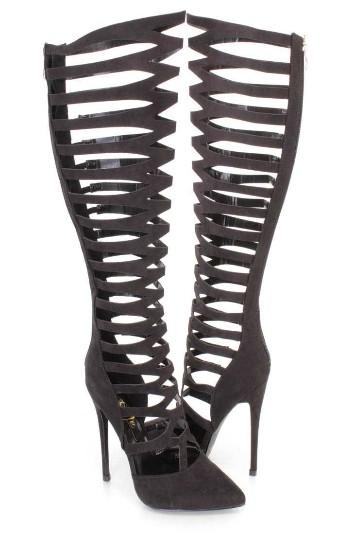 Black Pointy Toe Gladiator High Heel Boots