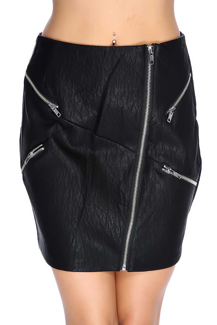 Sexy Black Zipper Accent Faux Leather Skirt