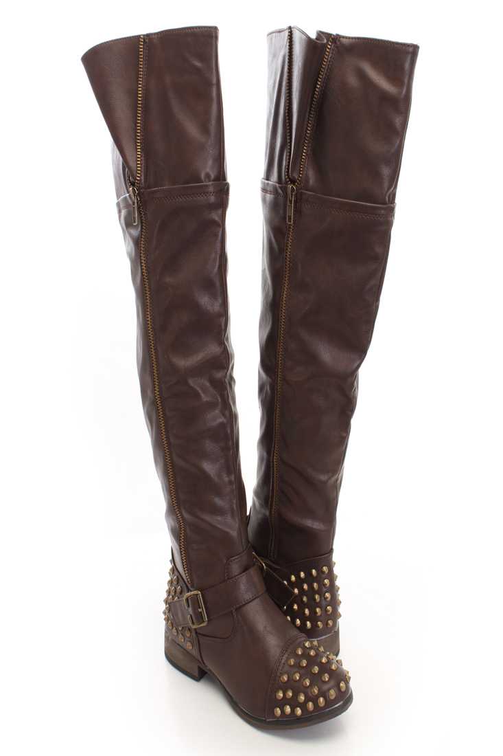 Brown Faux Leather Studded Thigh High Boots