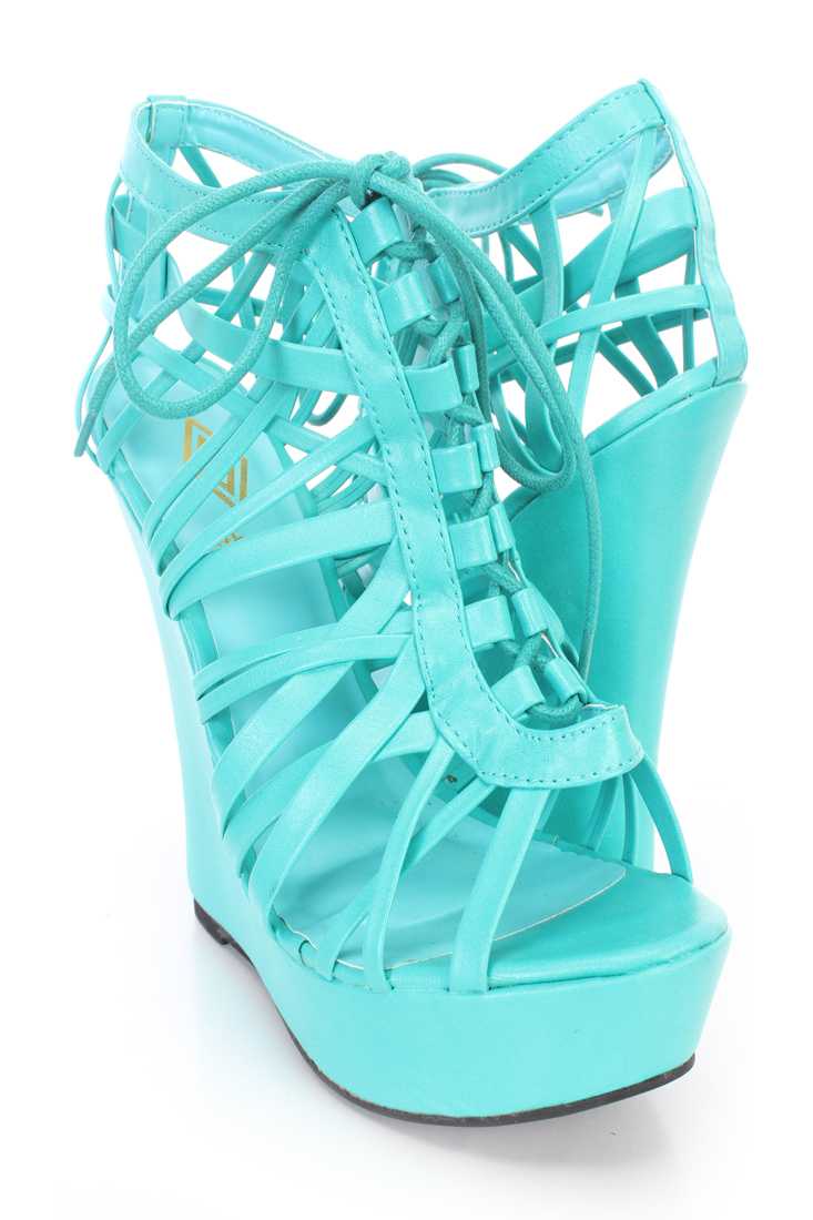 Teal Caged Lace Up Front Open Toe Wedges Faux Leather