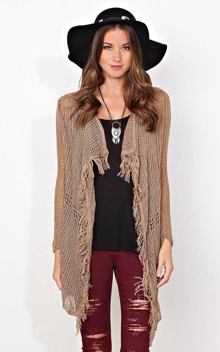 Sara Open Knit Fringe Wrap - - Mocha in Size by Styles For Less