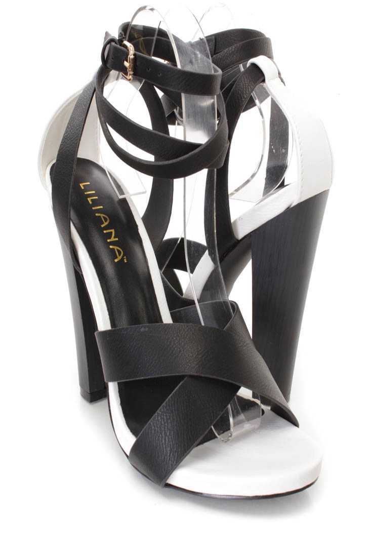 Black Wrap Around Strap Single Sole Chunky Heels Faux Leather