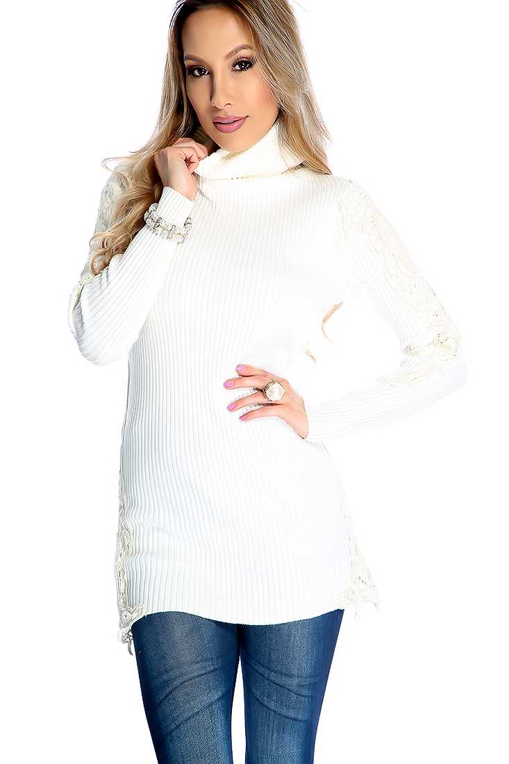 White Long Sleeve Crochet Trim Turtle Neck Casual Top