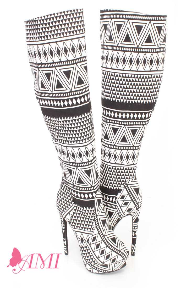 Black White Platform High Heel Boots Lace Fabric