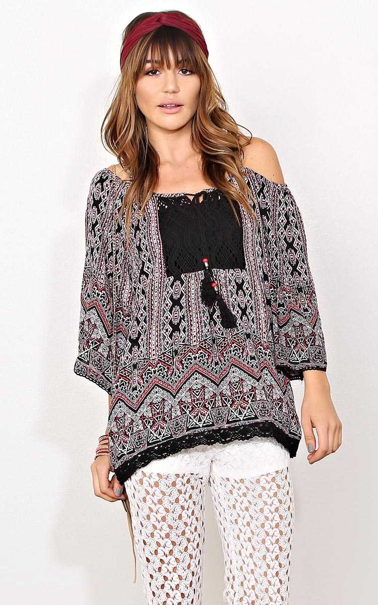 ANGIE Tulum Cold Shoulder Top - - Ivory Combo in Size by Styles For Less