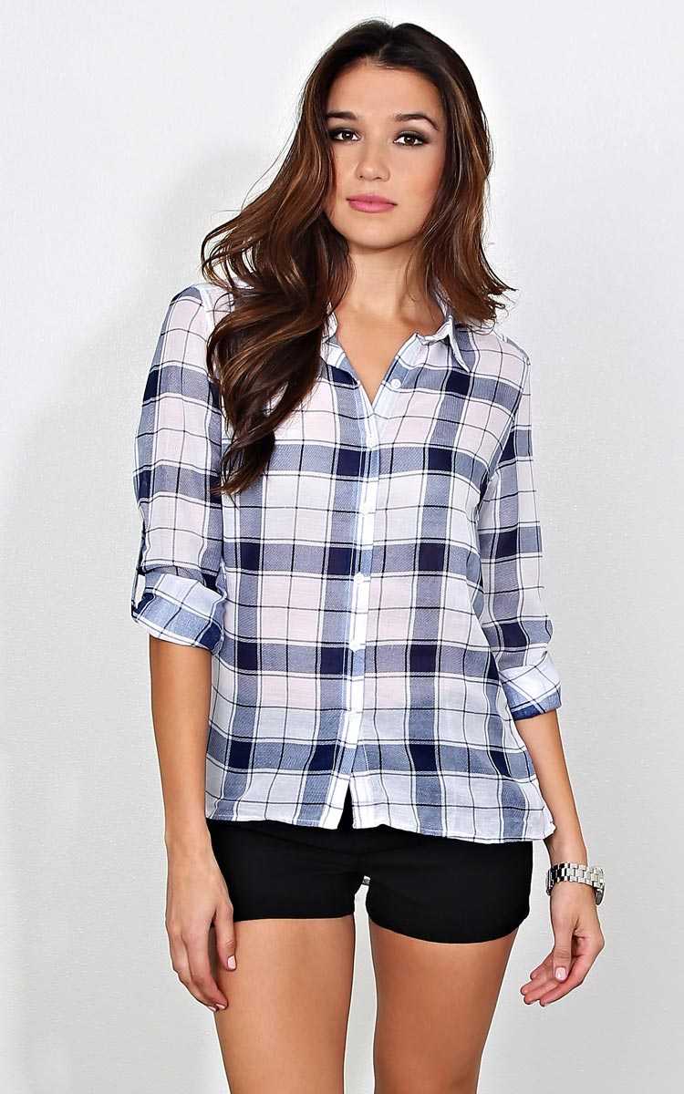 Plaid and Simple Woven Top - - Blue Combo in Size by Styles For Less