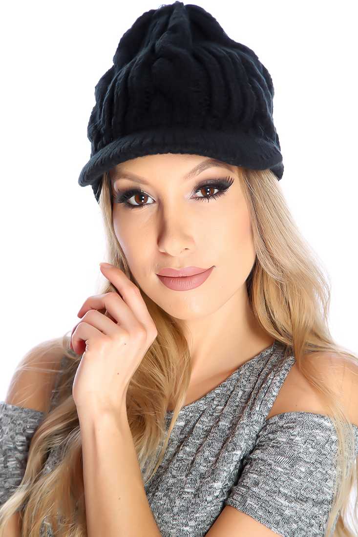 Black Cable Knit Slouchy Newsboy Beanie