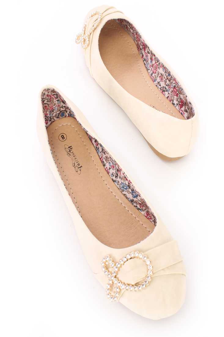 Beige Rhinestone Fish Ballet Flats Faux Leather