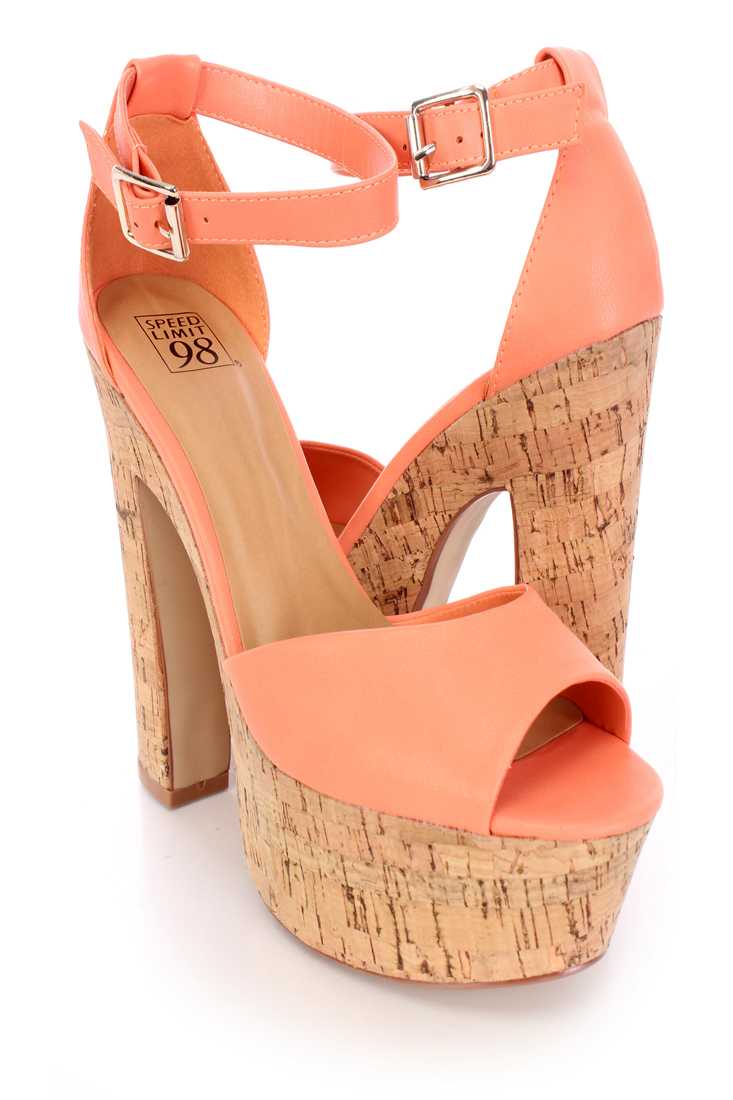 Peach Peep Toe Chunky Cork Platform Heels Faux Leather