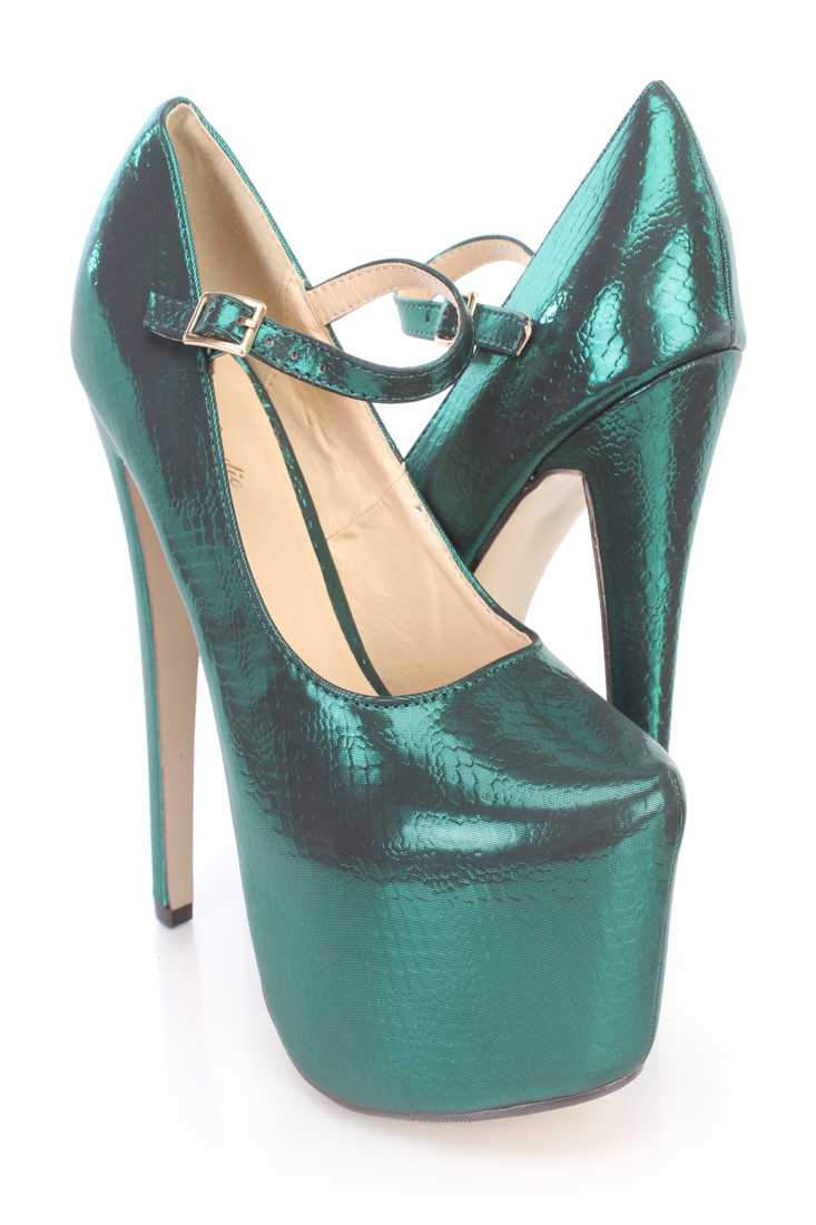 Green Snake Imprint Mary Jane Platform High Heels Fabric