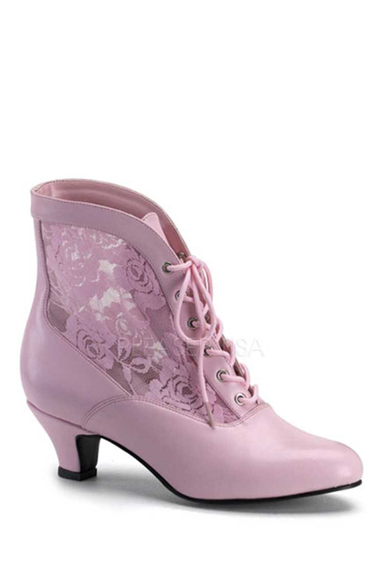 Baby Pink Lace Inset Victorian Booties Faux Leather