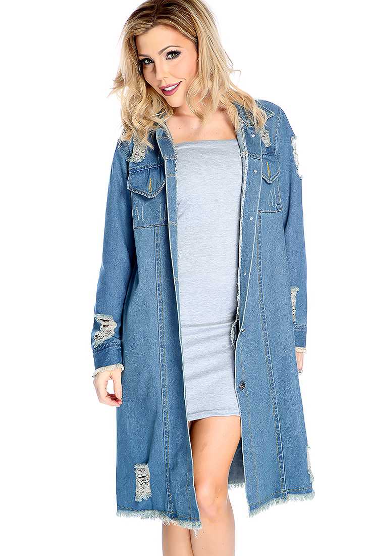 Blue Denim Button Up Distressed Long Jacket