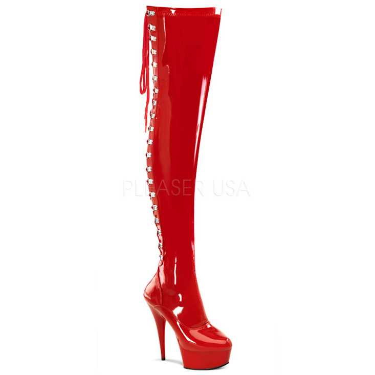 Red Patent Lace Up Thigh High Boots