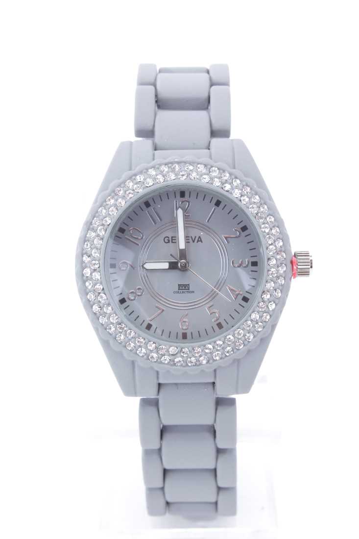 Grey Rhinestone Round Frame Rubber Band Watch