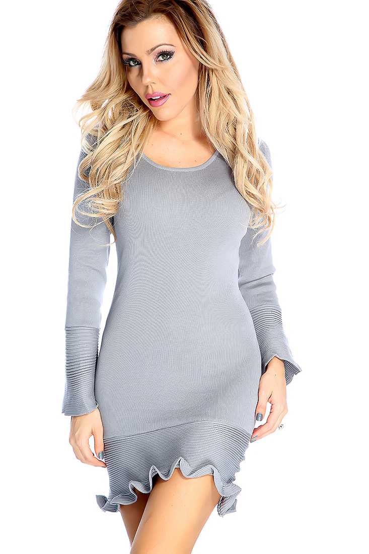 Sexy Dark Grey Long Sleeves Ruffled Hem Party Dress