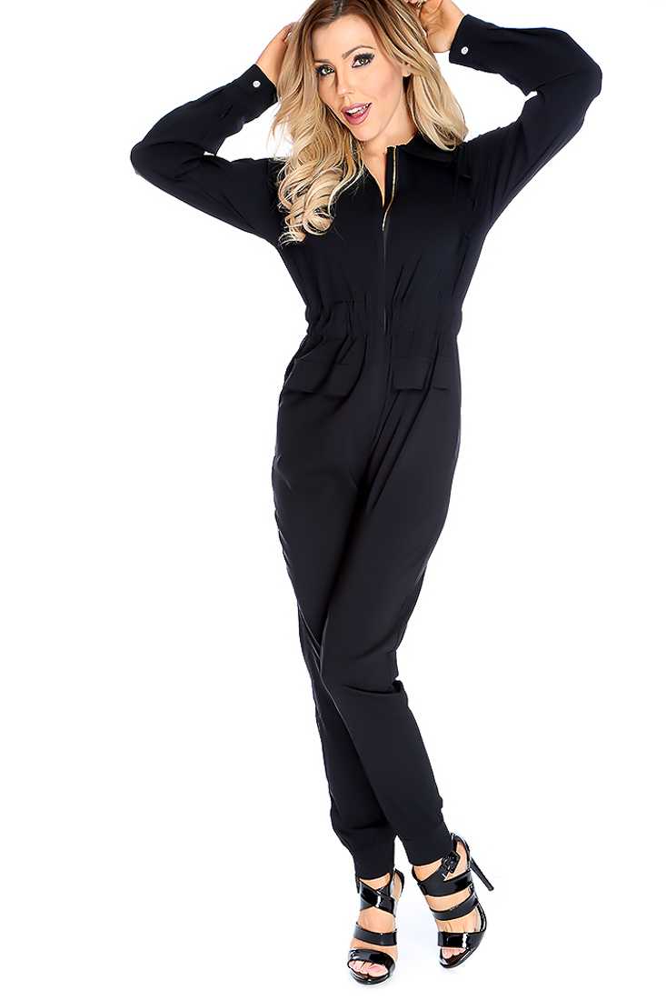 Sexy Black Zip Up Long Sleeve Jumpsuit
