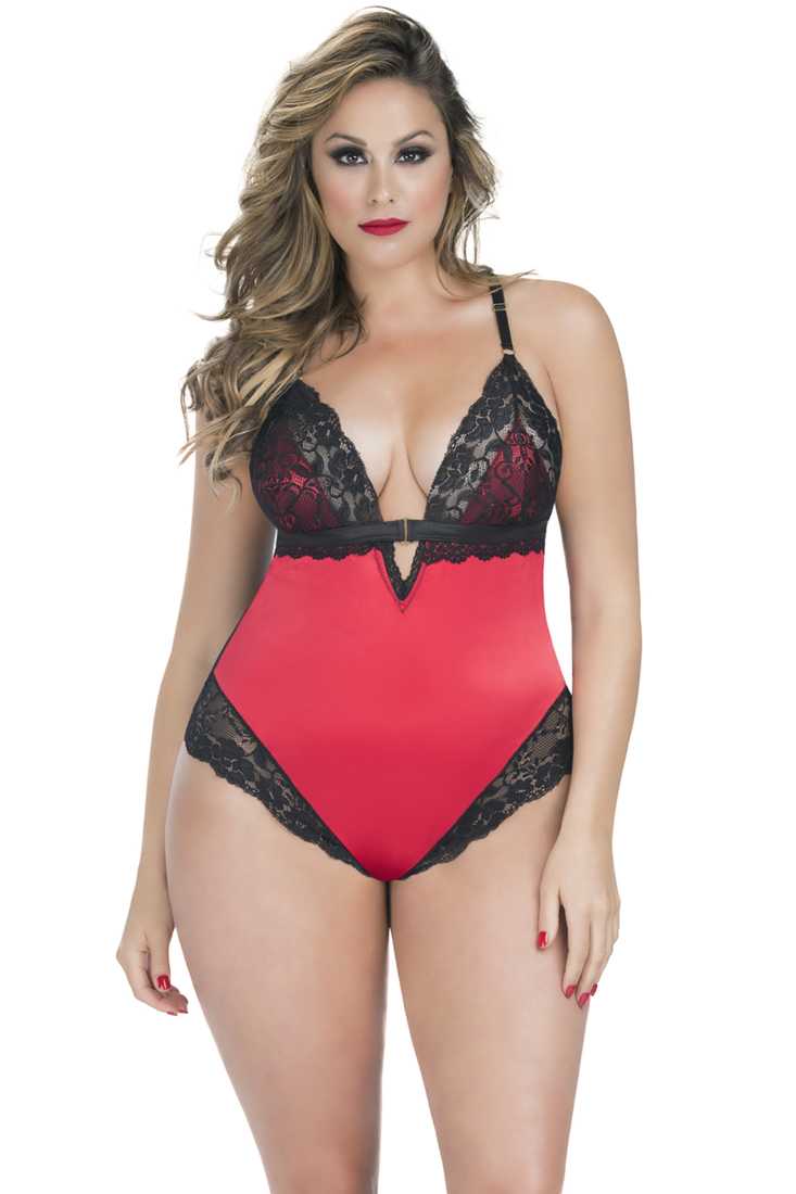 Sexy Red Black Lace Snap Crotch Teddy