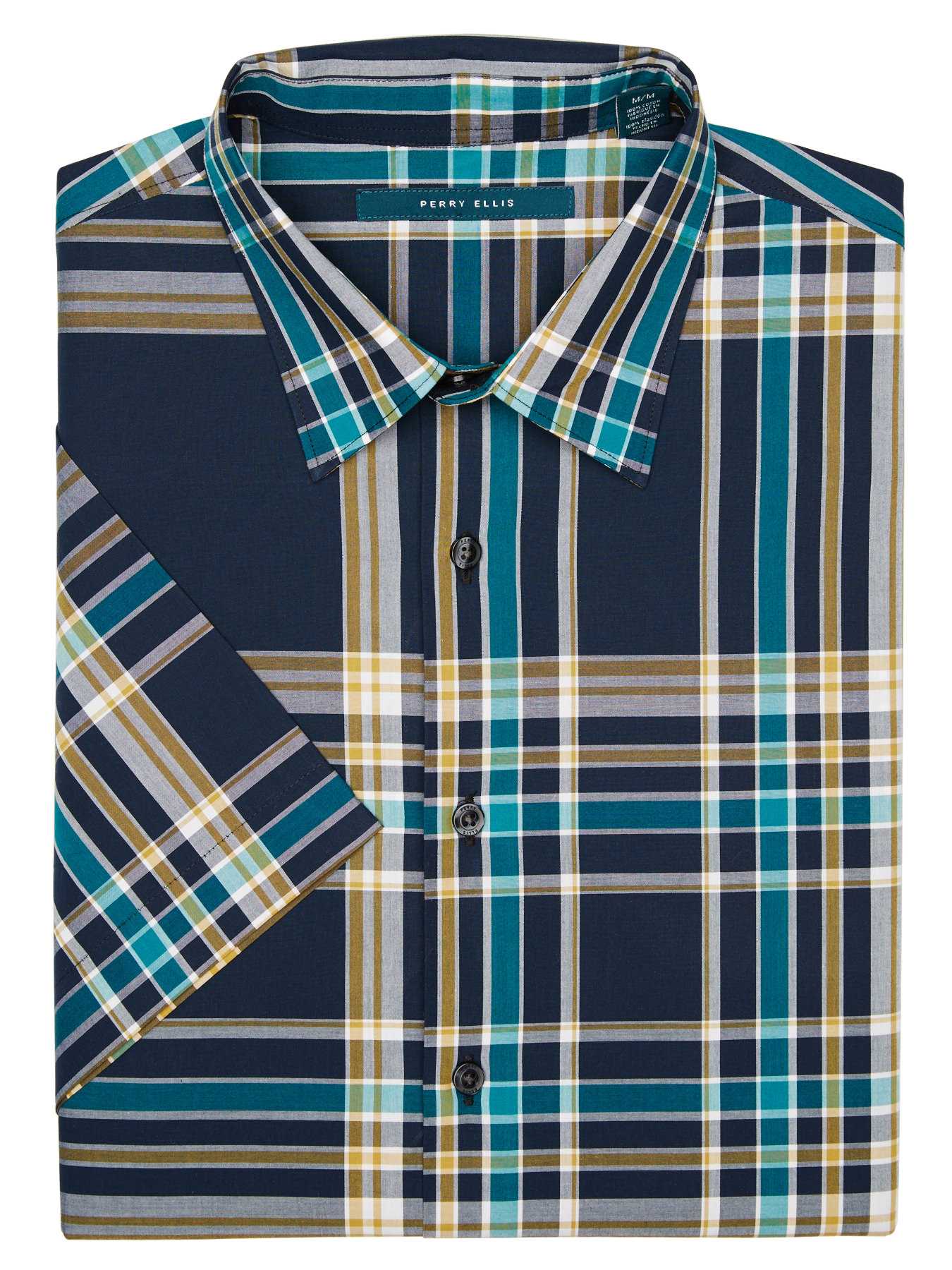 Perry Ellis Short Sleeves Large Plaid Pattern Shirt