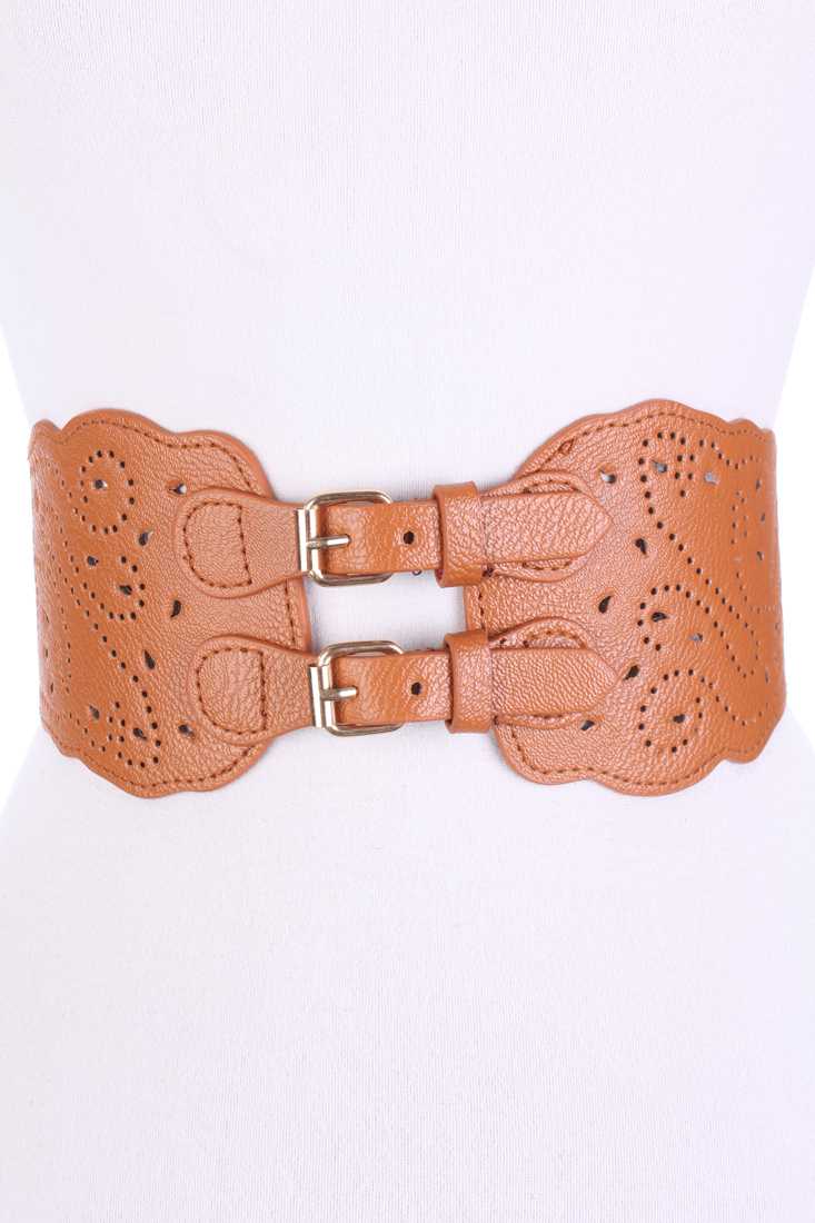 Camel Faux Leather Perforated Accent Elastic Belt