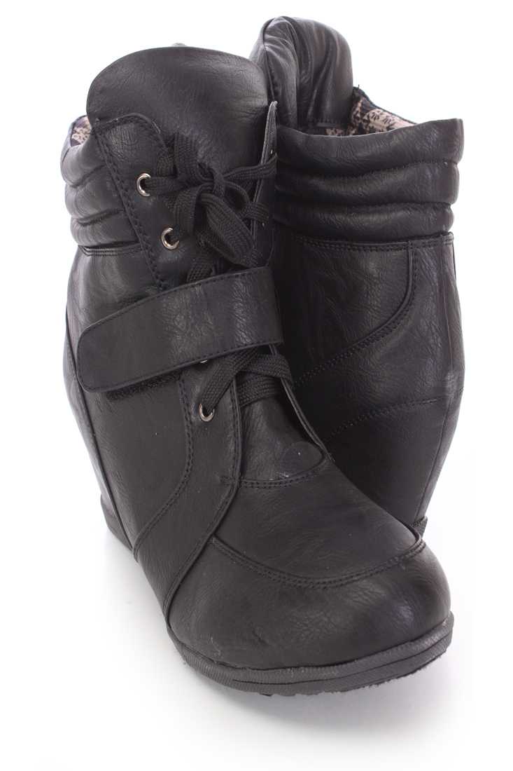 Black Lace Up Mid Strap Sneaker Wedges Faux Leather