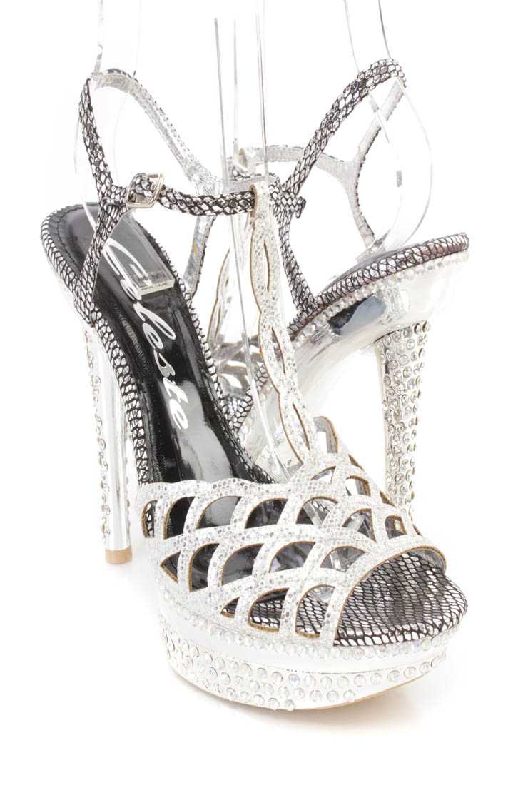 Silver Scalloped Cut Out T Strap Platform High Heels Shimmer Fabric