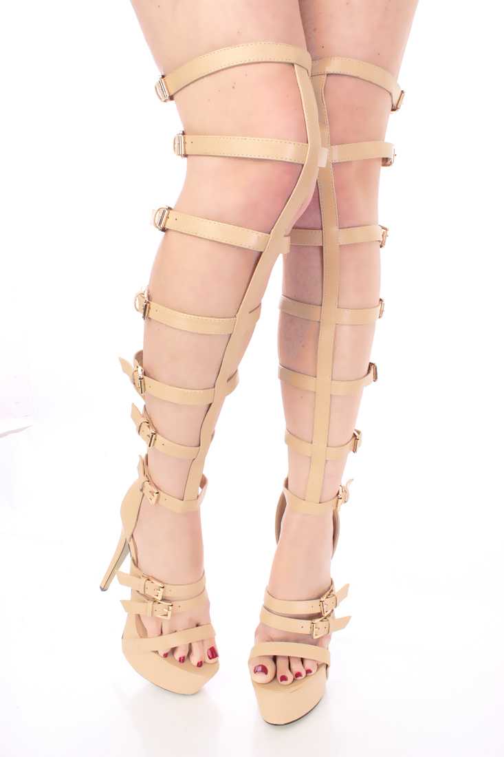 Nude Gladiator Platform High Heels Faux Leather