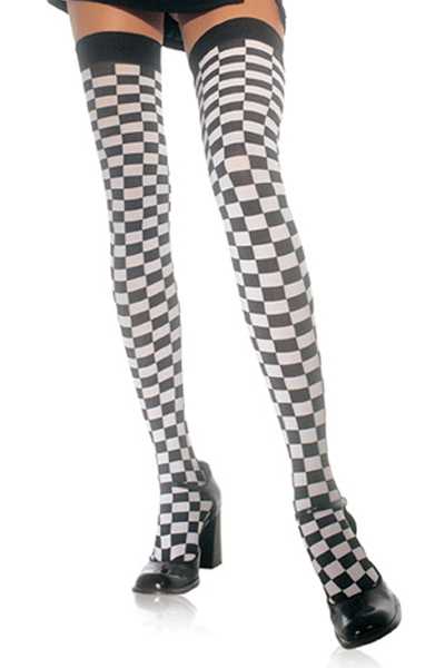 Black White Checker Print Thigh Highs