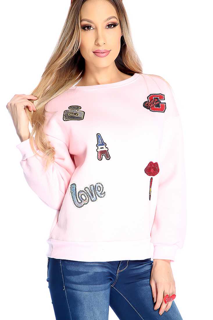 Light Pink Long Sleeve Patched Casual Sweater