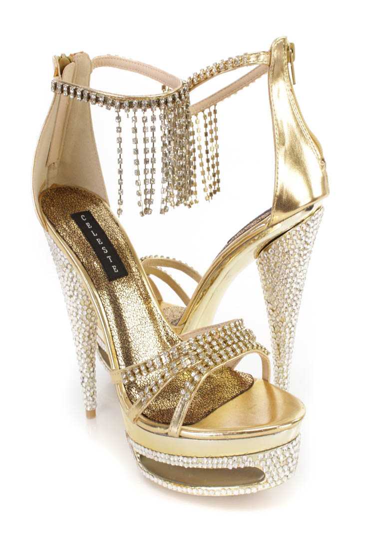 Gold Fringe Rhinestone 6 Inch High Heels Faux Leather