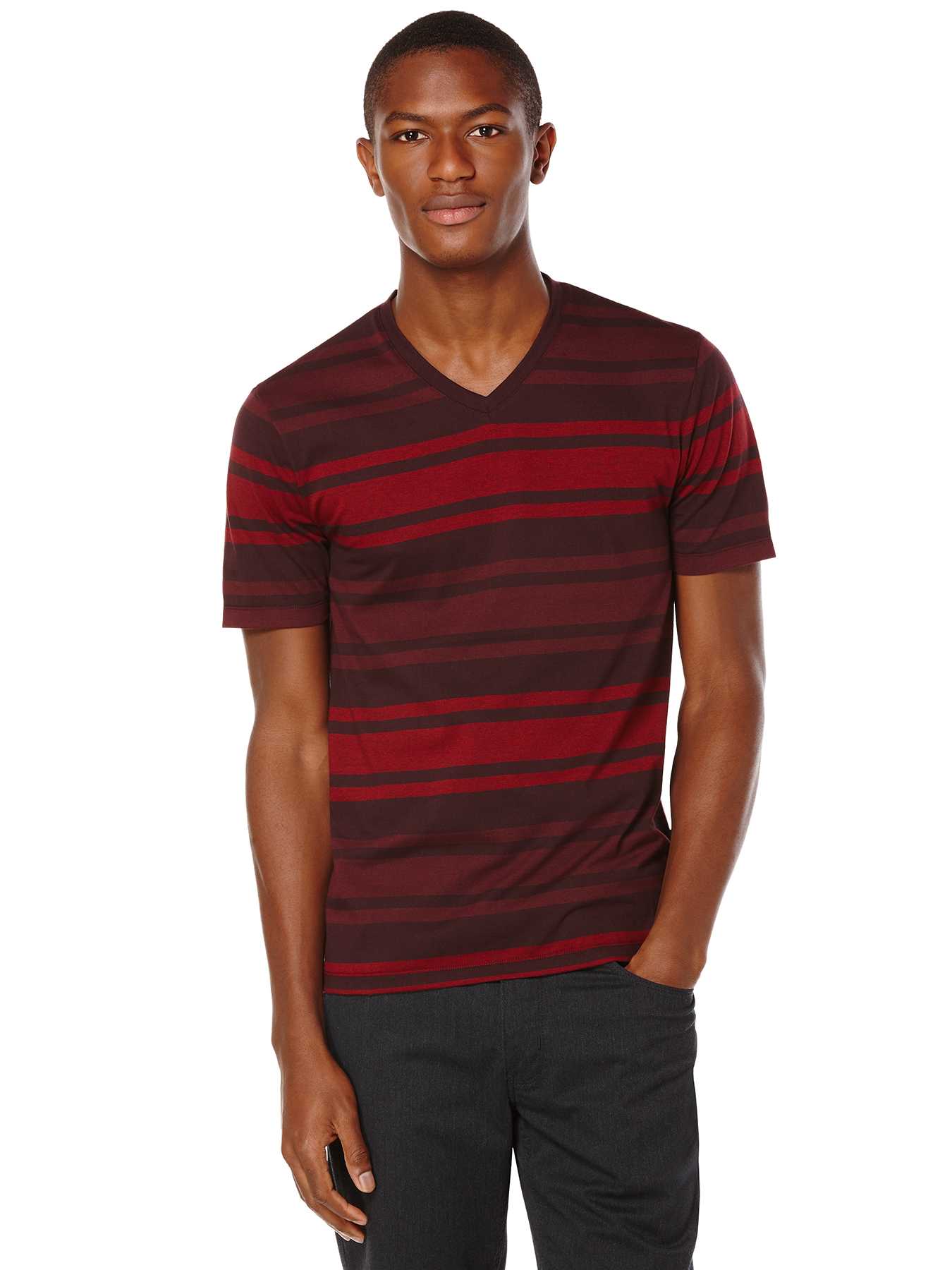 Perry Ellis Short Sleeve V-Neck Stripe Shirt