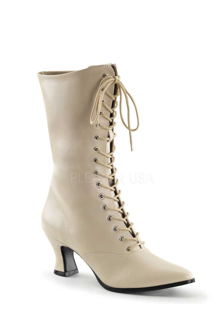 Cream Lace Up Mid Calf Victorian Boots Faux Leather