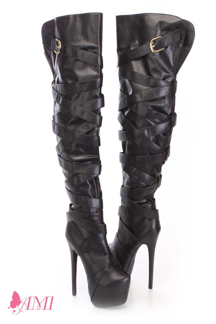 Black Wrap Around Strap Thigh High Boots Faux Leather