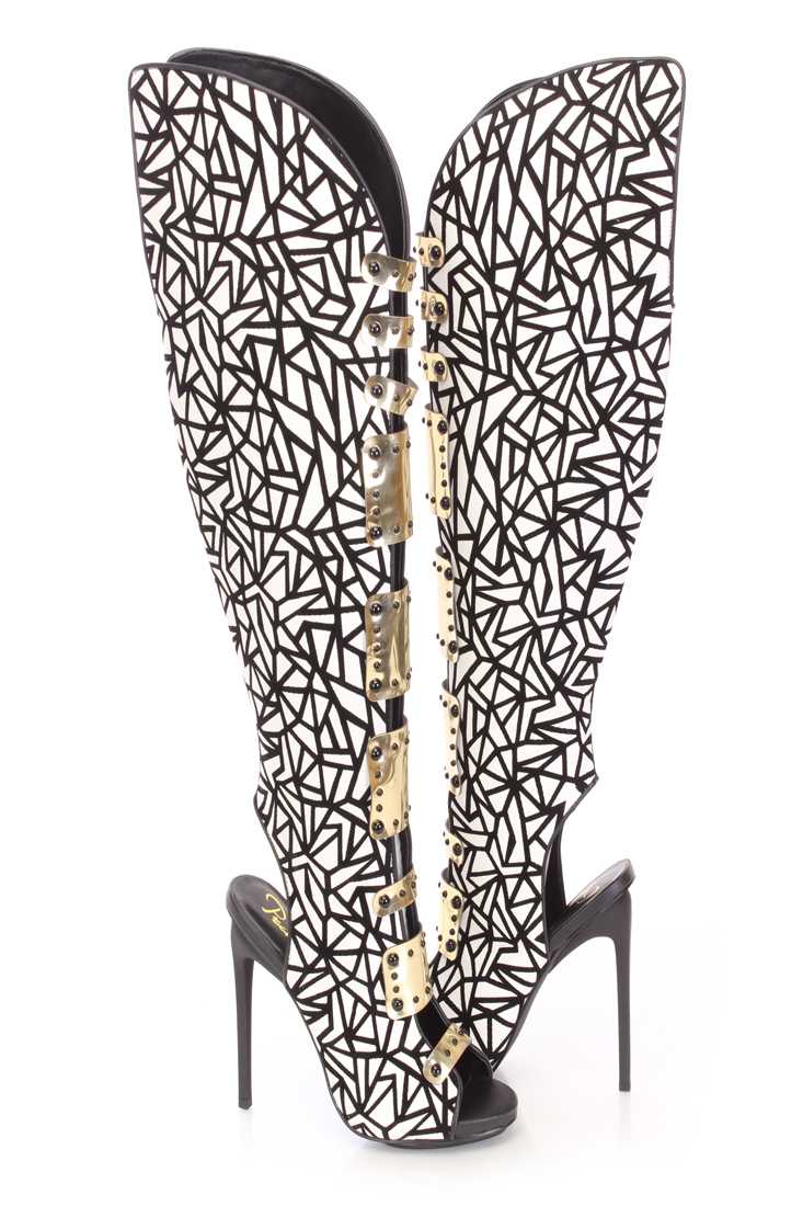 Black White Thigh High Strappy Boots Faux Leather
