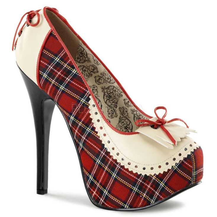 Red Tan Plaid Fabric Platform Pump High Heels