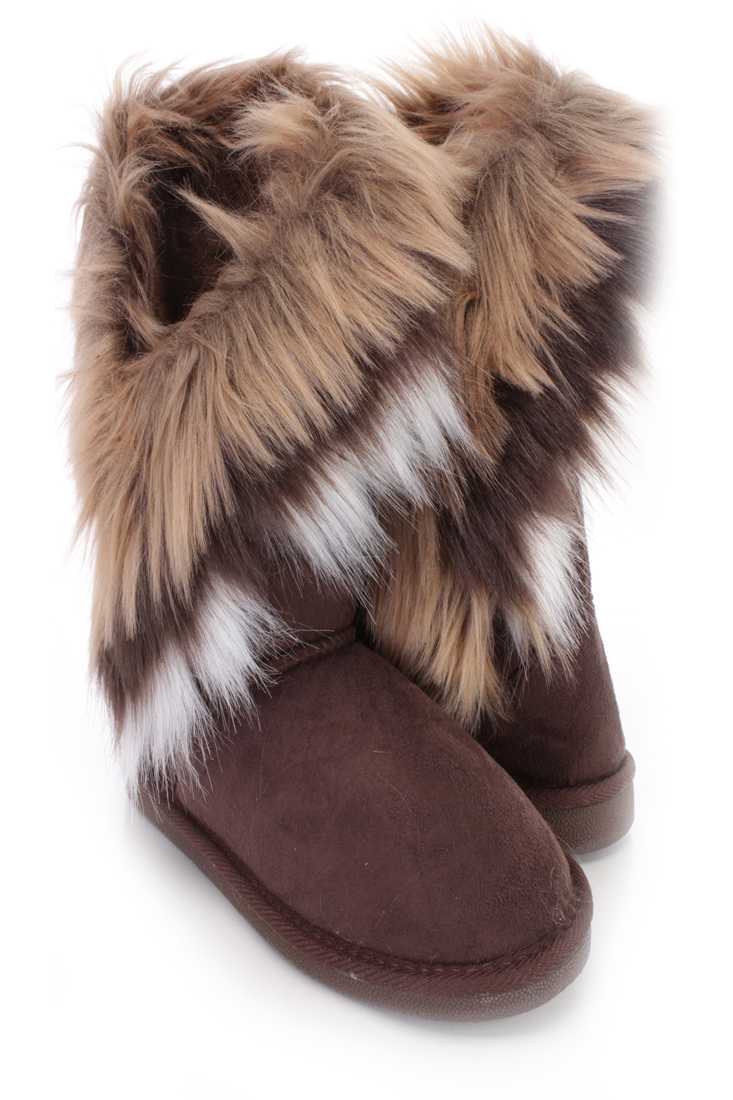 Brown Faux Fur Trim Slip On Casual Boots Faux Suede