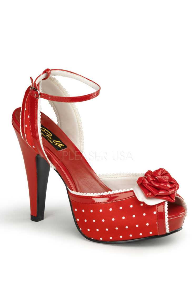 Red Polka Dot Peep Toe Scalloped High Heels Satin