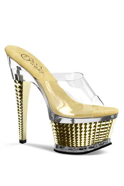 Clear Gold Chrome Slip On Textured Platform High Heels