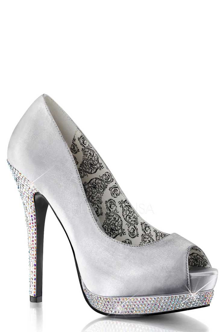 Silver Peep Toe Rhinestone Platform Pump High Heels Satin