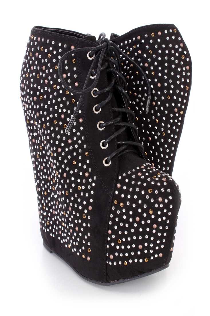 Black Studded Lace Up Platform Wedge Booties Faux Suede