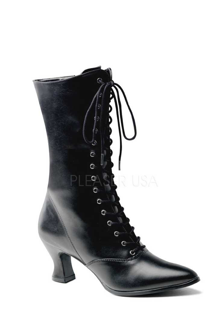 Black Lace Up Mid Calf Victorian Boots Faux Leather