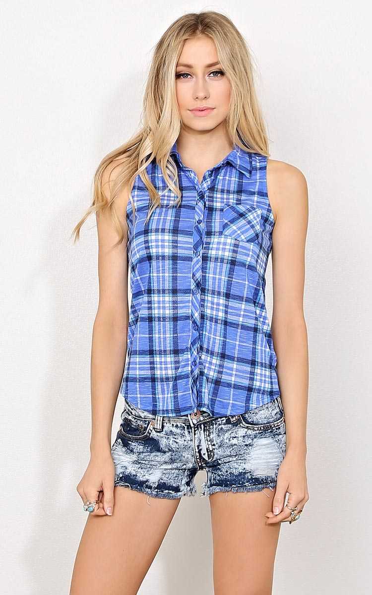 Long Shot Plaid Knit Tank - MED - Blue Combo in Size Medium by Styles For Less