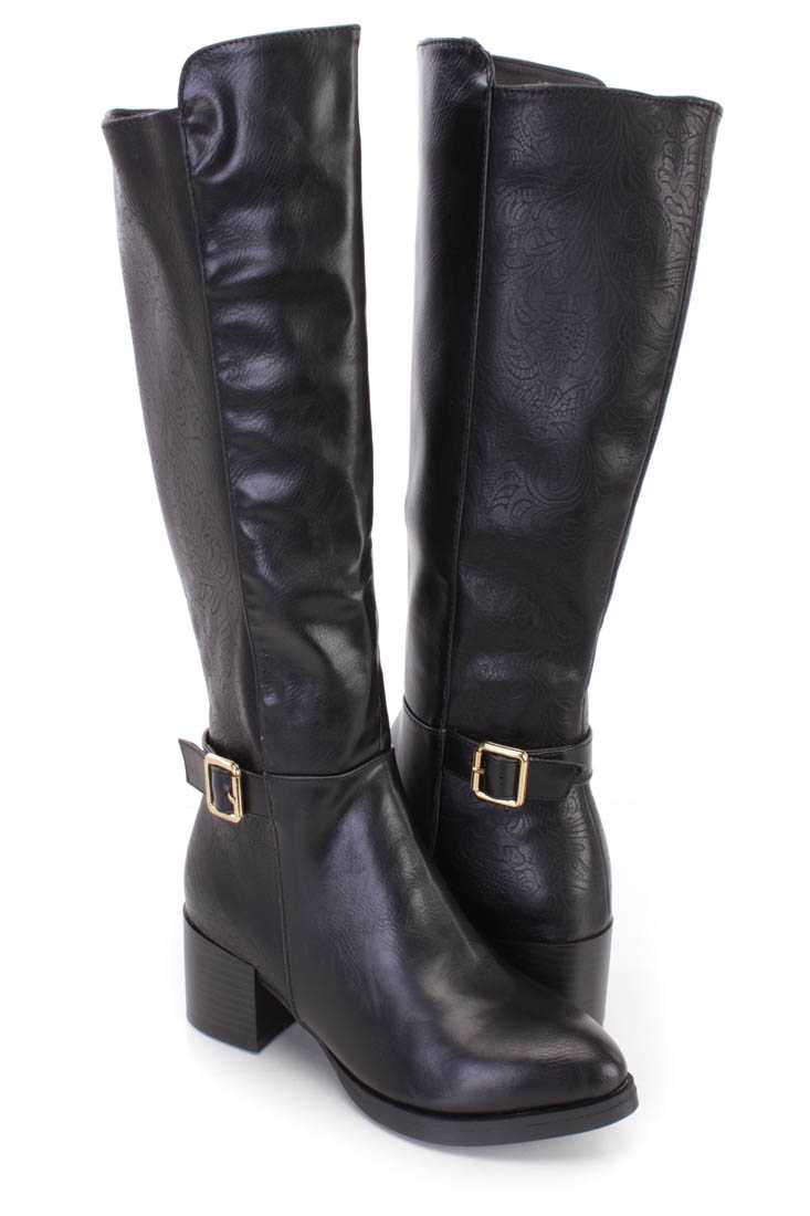 Black Paisley Embossed Riding Boots Faux Leather
