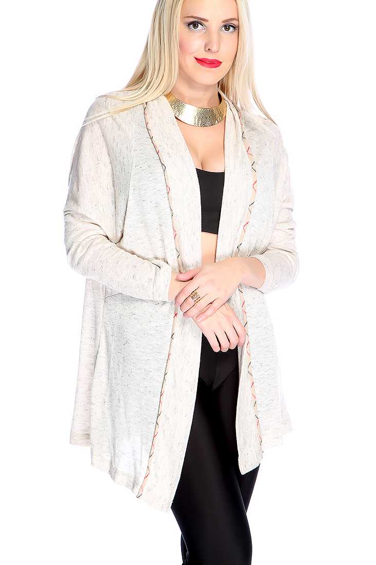 Cream Long Sleeves Open Front Two Tone Cardigan