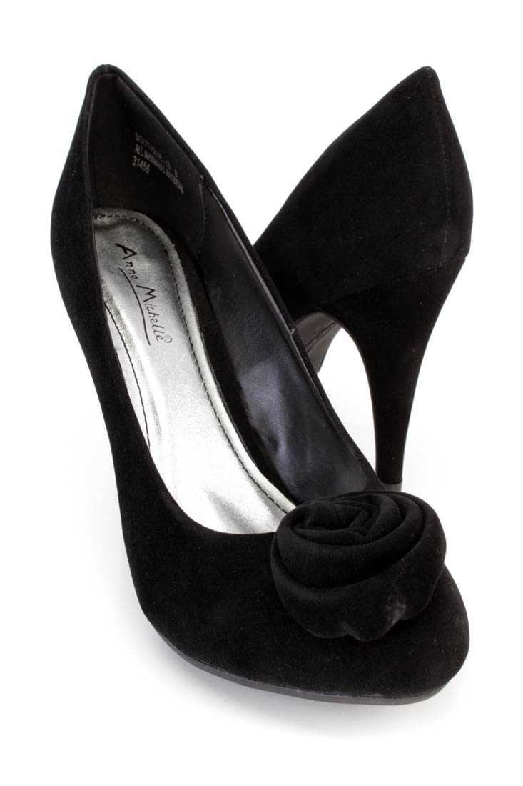 Black Floral Accent Single Sole Pump Heels Faux Suede