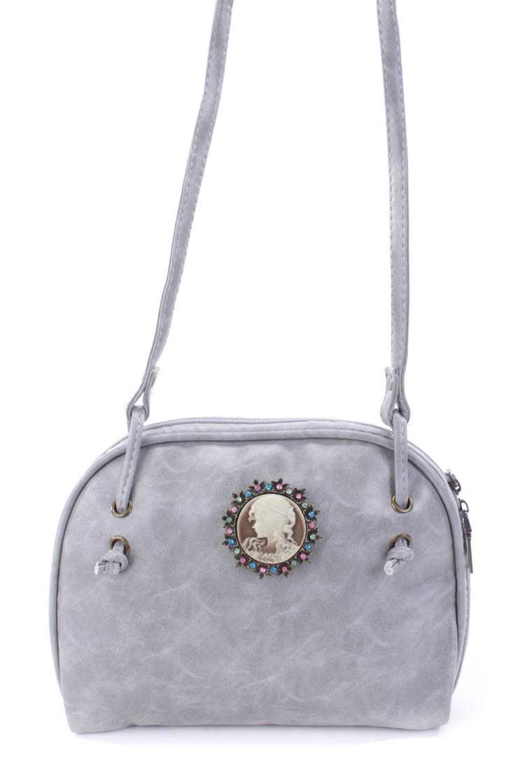 Grey Faux Leather Cameo Pendant Handbag